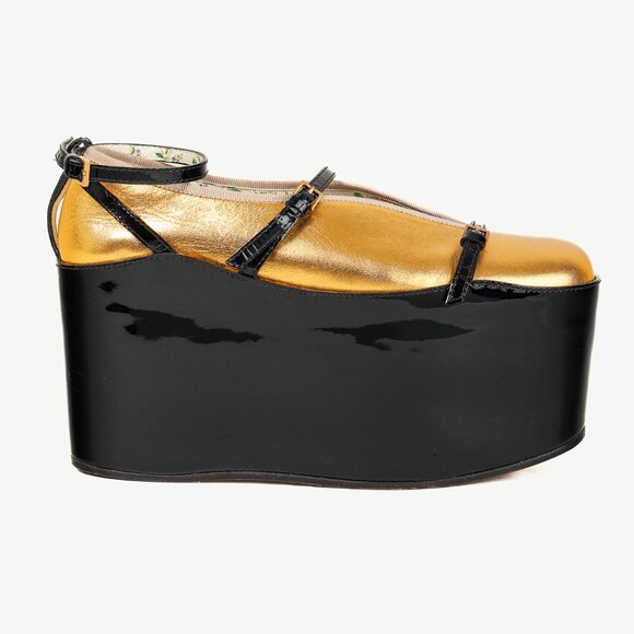 Gucci Gold & Black Patent Leather Hannelore Detachable Platform Flat - Picture 1 of 13